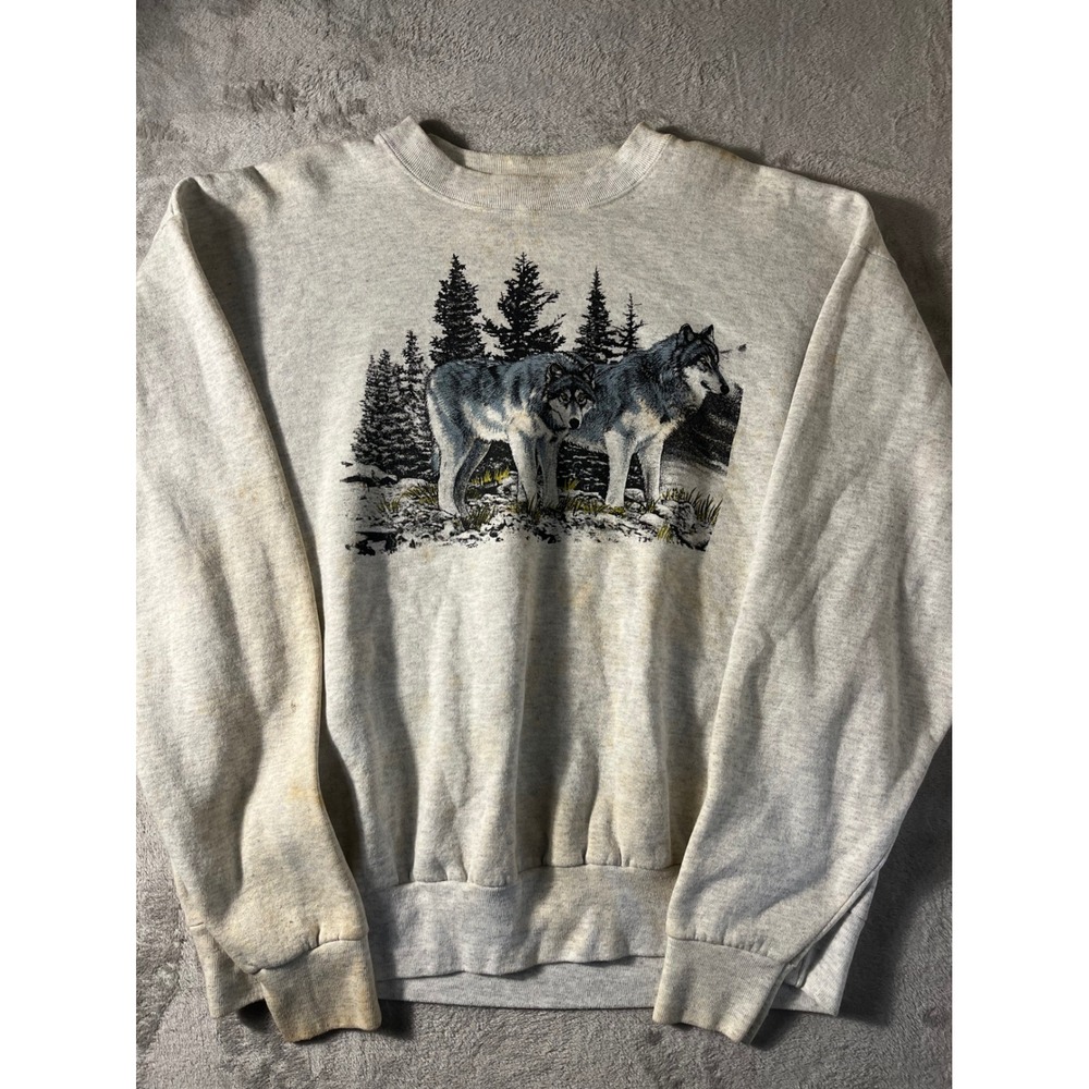 Vintage Wolf Graphic Crewneck Sweatshirt Grey Nature Forest Mens Pullover